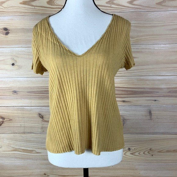Project Social T Tops - Project Social T Top Womens Medium Yellow Ribbed V-Neck Short Sleeve Tee Y2K